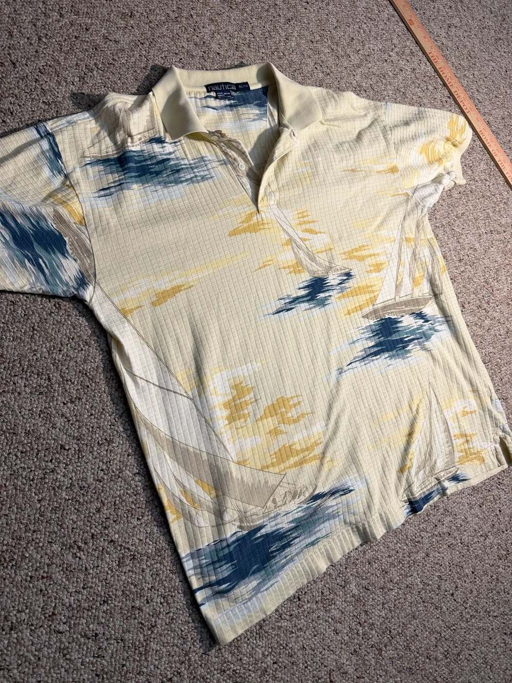 Vintage‎ 90s Nautica Sailboat All Over Print Waffle Knit Polo Shirt Men's XL